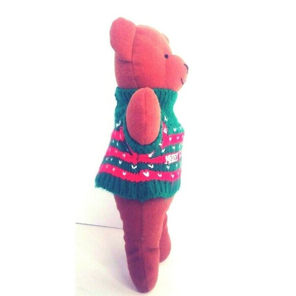 VINTAGE Soft Dreams Merry Christmas Bear 9" Baby Rattle Brown Sweater Red Green - Picture 2 of 8